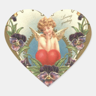 KÄRLEK CUPID MED HJÄRT OCH PANSIES Valentindag Hjärtformat Klistermärke