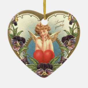 KÄRLEK CUPID MED HJÄRT OCH PANSIES Valentindag Julgransprydnad Keramik