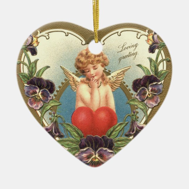KÄRLEK CUPID MED HJÄRT OCH PANSIES Valentindag Julgransprydnad Keramik (Framsidan)