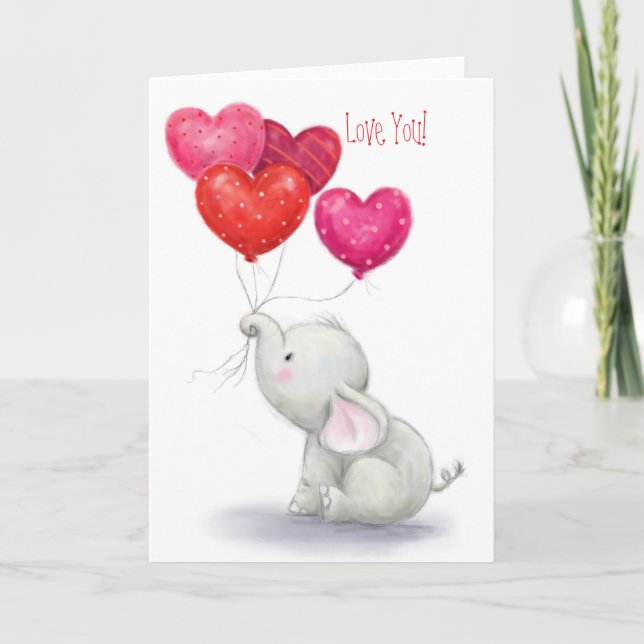 Kärlek, Cute Elephant med Hjärtformade ballonger Kort (Framsida)