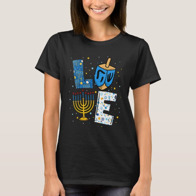 KÄRLEK Cute Hanukkah Dekorations Dreidel Menorah C T Shirt (Framsida)