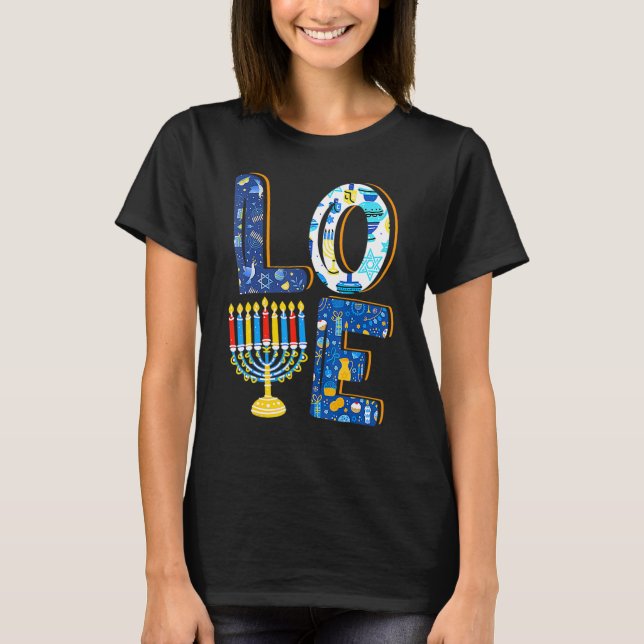 Kärlek Cute Hanukkah Dekorations Dreidel Menorah C T Shirt (Framsida)