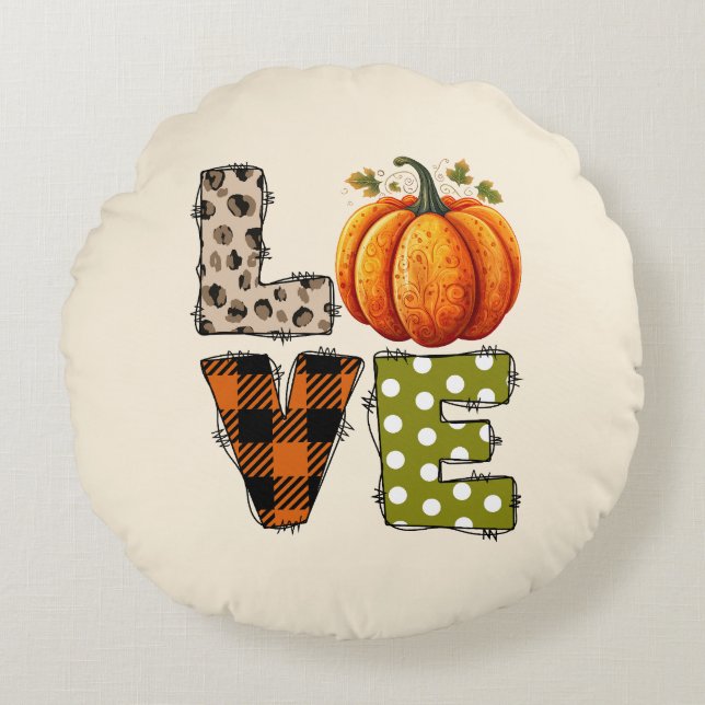 KÄRLEK - Cute Pumpkin & Polka Dot Brev Rund Kudde (Framsidan)