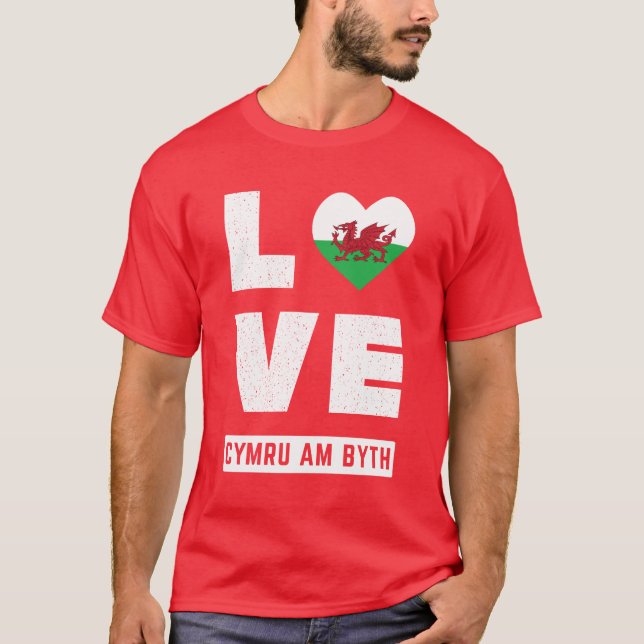 Kärlek Cymru am Byth Wales Flagga Welsh Roots Vint T Shirt (Framsida)