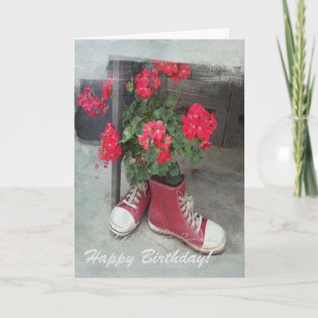 Kärlek de Shoes och Red Geraniums Kort (Framsida)