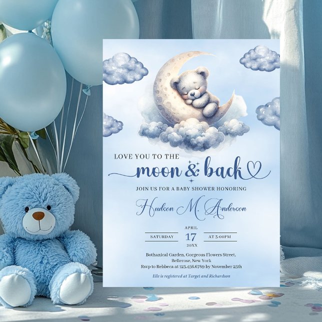Kärlek dig till måne och nallen med bakpojken inbjudningar (12 love you to the moon and back - boy baby shower invitation with teddy bear)