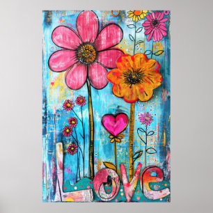*~* KÄRLEK Doodle – Färgglad Whimsisk Blommig Kons Poster