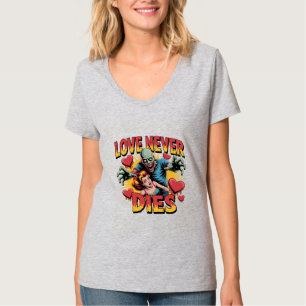 Kärlek Dör Aldrig – Retro Zombie Skräck Pin-Up T Shirt