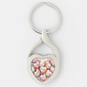 Kärlek Du akvarellmålning hjärtan Mamma gåva Twisted Heart Silverfärgad Nyckelring
