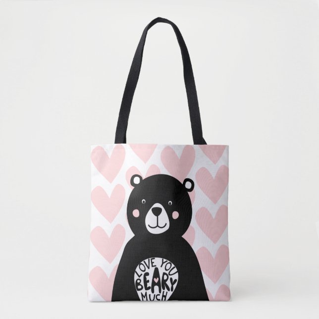 Kärlek du Beary Hear Bear Rosa Black Girly Tygkasse (Framsida)
