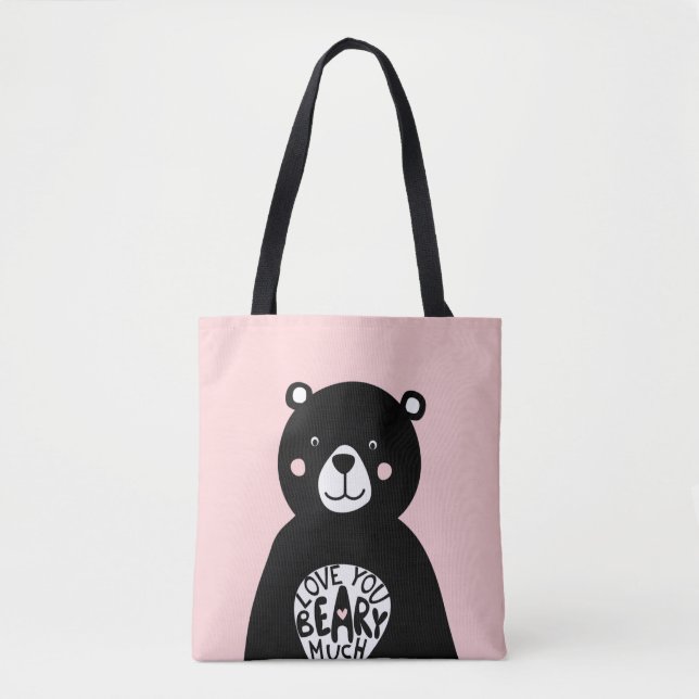 Kärlek du Beary Hear Bear Rosa Black Girly Tygkasse (Framsida)