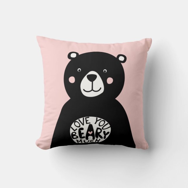 Kärlek du Beary Mycket Black Bear Lettering Rosa Kudde (Framsida)