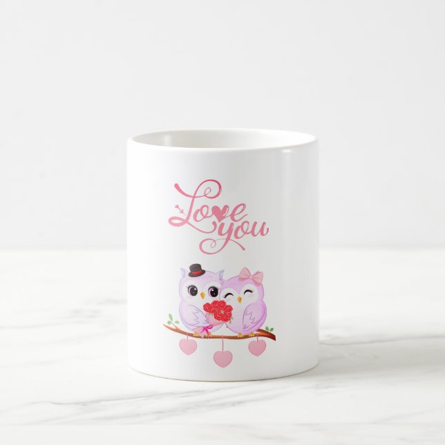 Kärlek du Cute Uggla par Valentine Heart Rosa Rom Kaffemugg (Center)