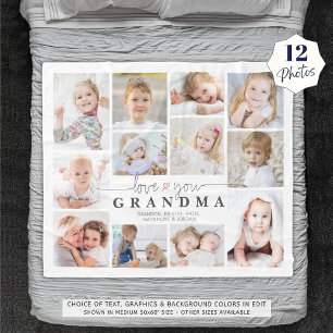 Kärlek Du Grandma 12 Photo Collage Heart White Grå Fleecefilt