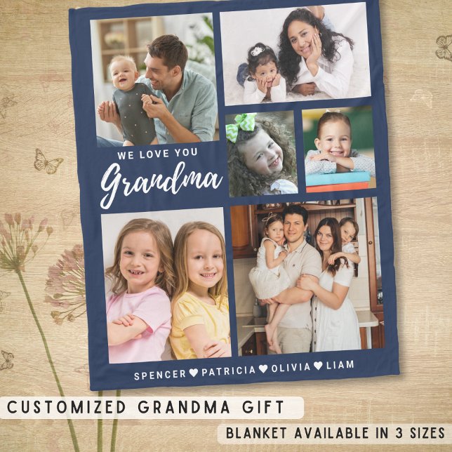 Kärlek Du Grandma Barnbarn 6 Photo Collage Blue Fleecefilt (Love You Grandma Grandkids 6 Photo Collage Blue Fleece Blanket-Grandma Gift Idea)