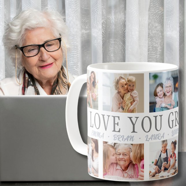 KÄRLEK DU GRANDMA Eget namn 10 Photo Collage Mugg (custom photo collage with grandchildren's names mug to grandma)