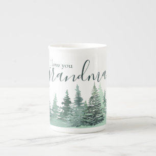 Kärlek Du Grandma Watercolor Grönt Winter Forest Benporslin Mugg