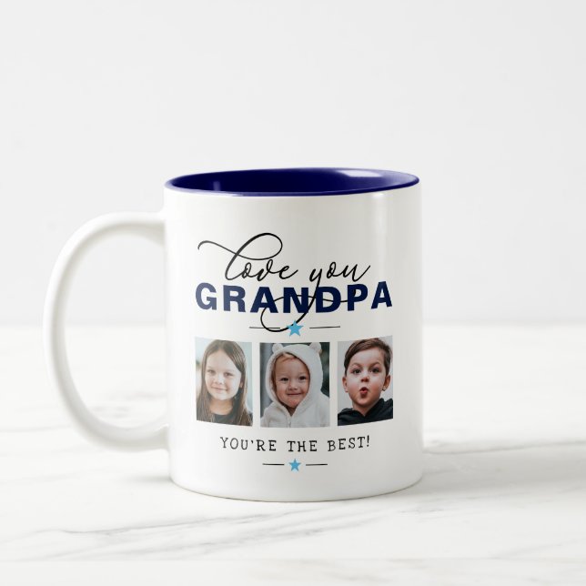 Kärlek Du Grandpa/Grampa/Annan 3-fototext Anpassni Två-Tonad Mugg (Vänster)