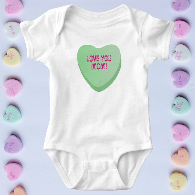 Kärlek Du Mamma Anpassningsbar Cute Candy Heart Gr T Shirt (Green candy heart with custom text. Cute conversation heart baby bodysuit for Valentine's Day)
