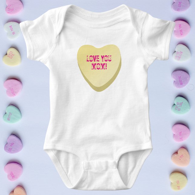 Kärlek Du Mamma Anpassningsbar Cute Candy Heart Gu T Shirt (Yellow candy heart with custom text. Cute conversation heart baby bodysuit for Valentine's Day)