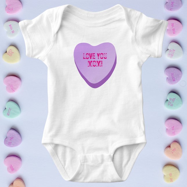 Kärlek Du Mamma Anpassningsbar Cute Candy Heart Li T Shirt (Purple candy heart with custom text. Cute conversation heart baby bodysuit for Valentine's Day)