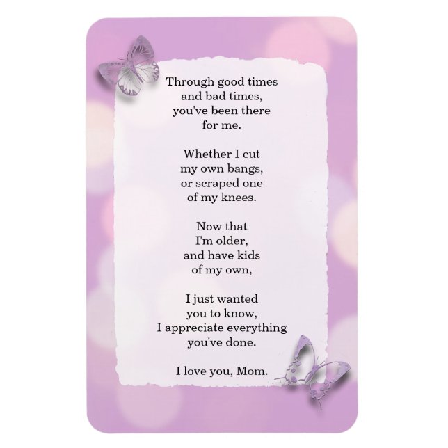 Kärlek du Mamma, Dikt, Lila Butterflies Magnet (Vertikal)
