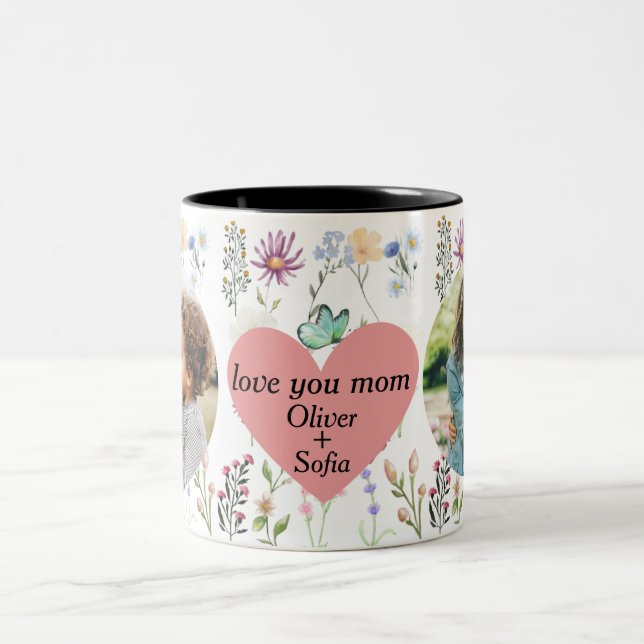 kärlek du mamma, jokertecken personlig 2-foto Två-Tonad mugg (Center)