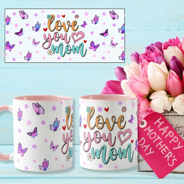 Kärlek du mamma som skriver färglösa fjärilar mugg (Love you mom lettering colorfull butterflies mug)