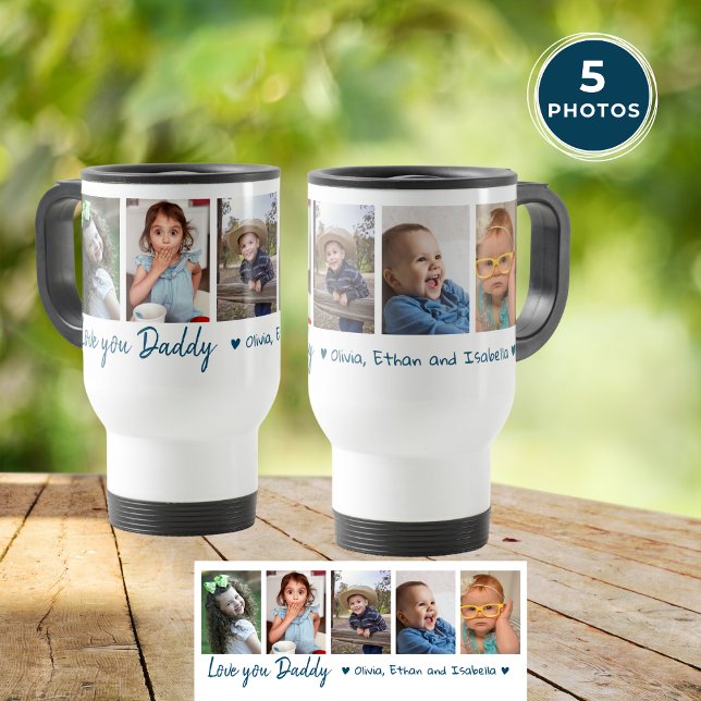 Kärlek Du pappa Fars dag 5 Photo Collage Blue Resemugg (Love You Daddy Father's Day 5 Photo Collage Blue Travel Mug
)