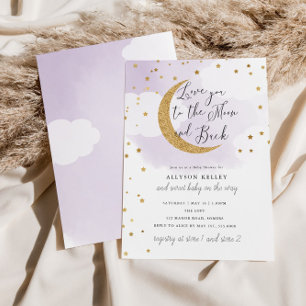 Kärlek Du till Måne Guld Stars Lila Baby Shower Inbjudningar