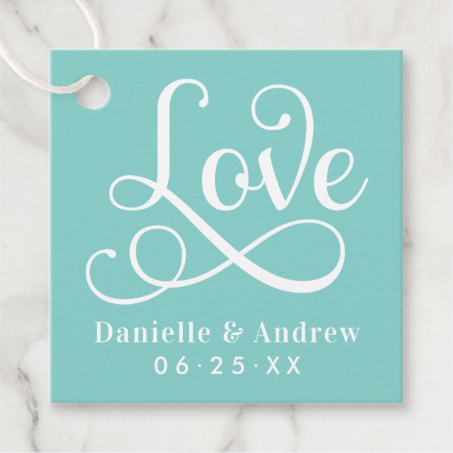 Kärlek Elegant Aqua Calligraphy Bröllop Monogram Gåvor Etiketter (Framsida)