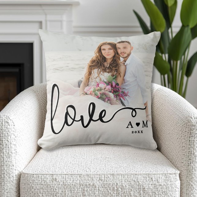 Kärlek Elegant Skript Par Foto Kudde (Love Elegant Script Couple Photo Throw Pillow )