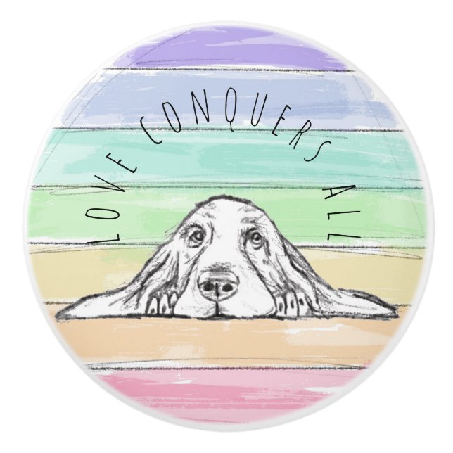 kärlek erövrar alla hund rainbow basset hound knopp (Framsidan)