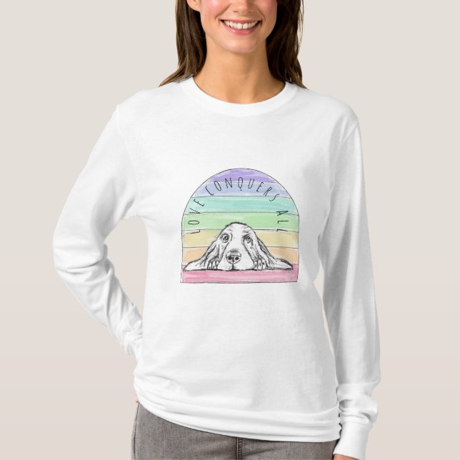 kärlek erövrar alla hund rainbow basset hound t shirt (Framsida)