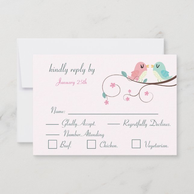 kärlek fåglar blommande rosa svars kort RSVP (Framsida)