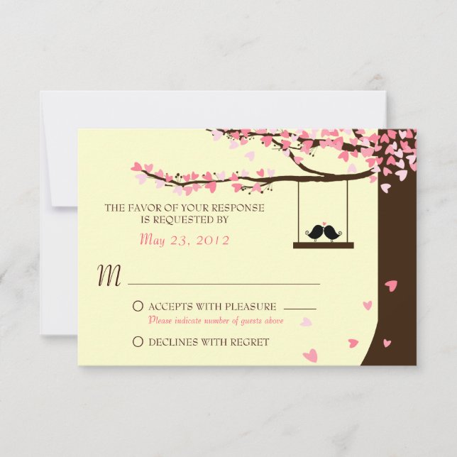 Kärlek Fåglar Fallande Hjärtan Ek Träd RSVP OSA Kort (Framsida)