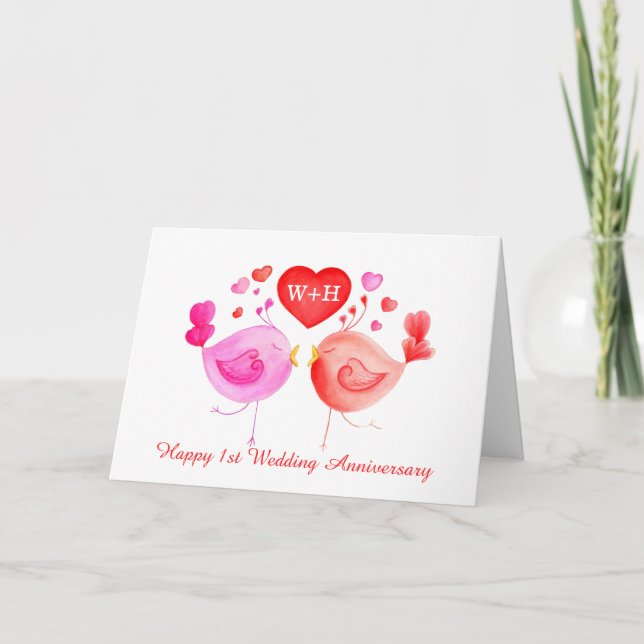 Kärlek fåglar hjärta rött rosa 1-årsjubileum konst kort (Framsida)