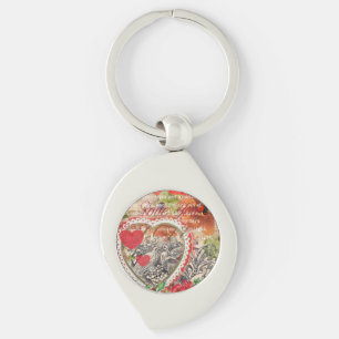 Kärlek Fåglar Hjärtat Röd Konst Collage Swirl Silverfärgad Nyckelring