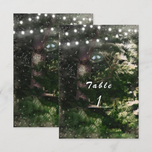 Kärlek Fåglar + Tall Träd Natt Bröllops Bord Numme Inbjudningar (Fram/baksida)