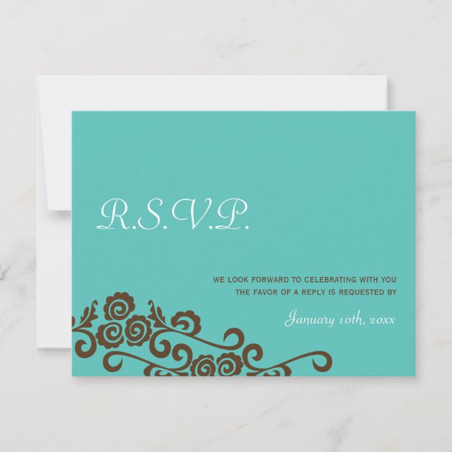 Kärlek fåglar trädgård teal blå bröllop svar RSVP (Framsida)