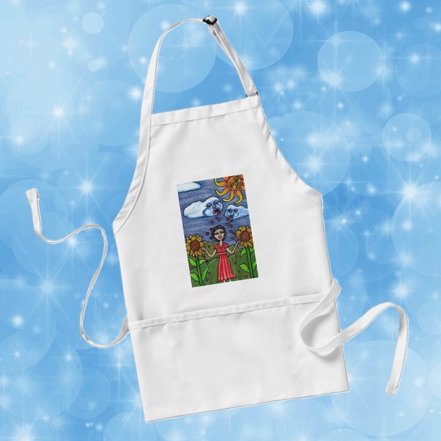 Kärlek får dig att växa förkläde (Lady with sunflowers yellow sun with face clouds raining red hearts on kitchen apron.)