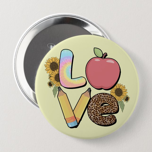 Kärlek - Färgfull lärardesign med äpple- och blyer Knapp (Framsida & baksida)