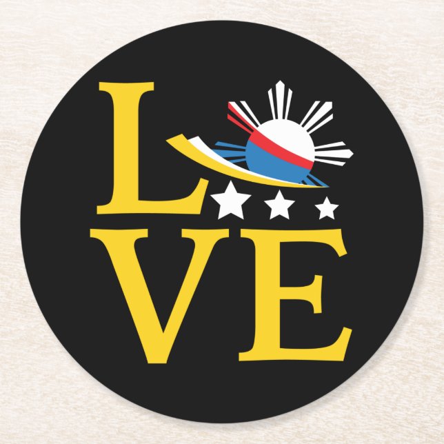 Kärlek - Filipino Flagga Typography Art Underlägg Papper Rund (Framsidan)