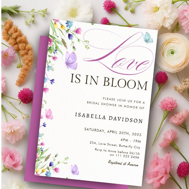 Kärlek finns i Bloom Butterfly Lila Möhippa Inbjudningar (Love is in Bloom Butterfly Purple Bridal Shower Invitation)