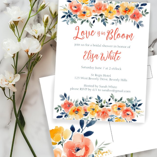 Kärlek finns i Möhippan Blommigt för  av blommans  Inbjudan Vykort (Love is in Bloom Watercolor Floral Bridal Shower Invitation Postcard
)