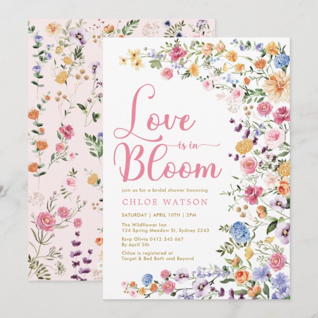 Kärlek finns i Möhippan Bloom Colorful Wildblomma Inbjudningar (Fram/baksida)