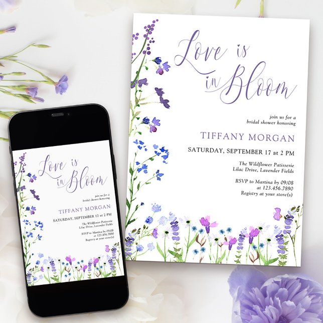 Kärlek finns i Möhippan Bloom Lila Wildblomma Inbjudningar (Love is in Bloom Bridal Shower Invitation from my Purple Wildflower Collection. 
)