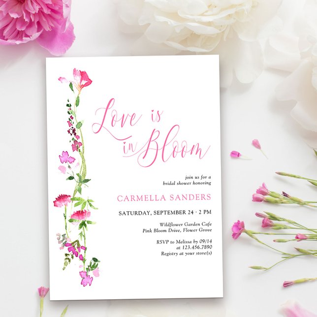 Kärlek finns i Möhippan Bloom Rosa Wildblomma Inbjudningar (Love is in Bloom Bridal Shower Invitation from my Pink Wildflower Collection. )