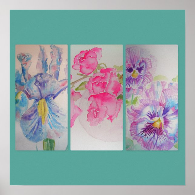 Kärlek Flowers Blommigt Watercolor Turcos Poster (Framsidan)