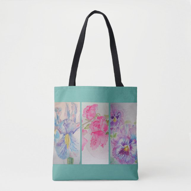 Kärlek Flowers Blommigt Watercolor Turcos Tote Bag Tygkasse (Framsida)